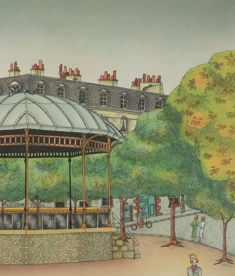 Bernard VERCRUYCE : Le kiosque du parc, Lithographie originale signée