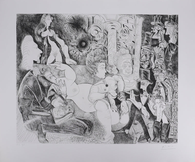 Pablo PICASSO : Les 156, Peintre à lavallière dessinant son modèle, Gravure originale signée
