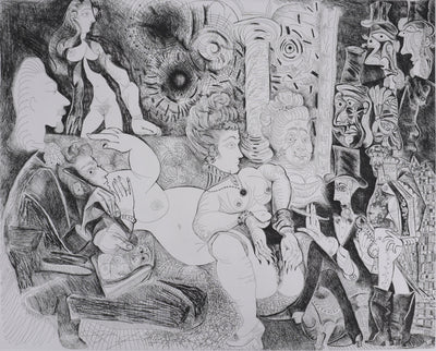 Pablo PICASSO : Les 156, Peintre à lavallière dessinant son modèle, Gravure originale signée
