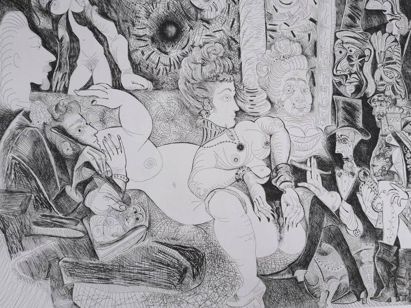 Pablo PICASSO : Les 156, Peintre à lavallière dessinant son modèle, Gravure originale signée