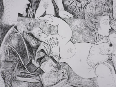 Pablo PICASSO : Les 156, Peintre à lavallière dessinant son modèle, Gravure originale signée