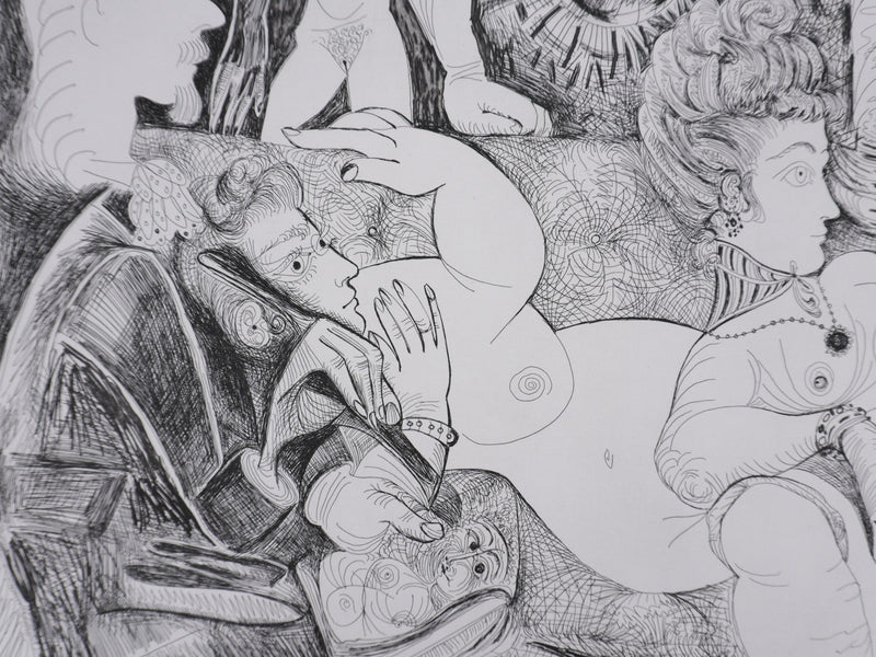 Pablo PICASSO : Les 156, Peintre à lavallière dessinant son modèle, Gravure originale signée