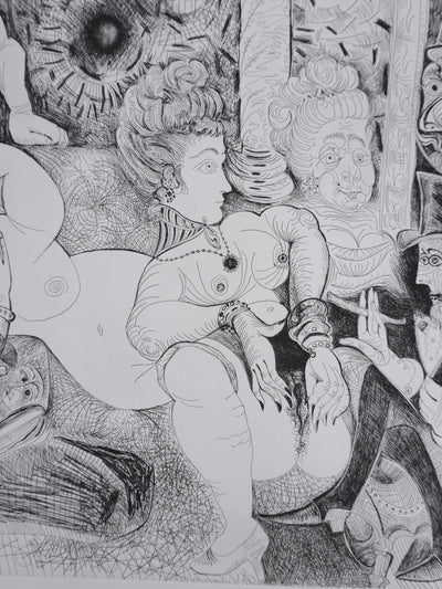 Pablo PICASSO : Les 156, Peintre à lavallière dessinant son modèle, Gravure originale signée