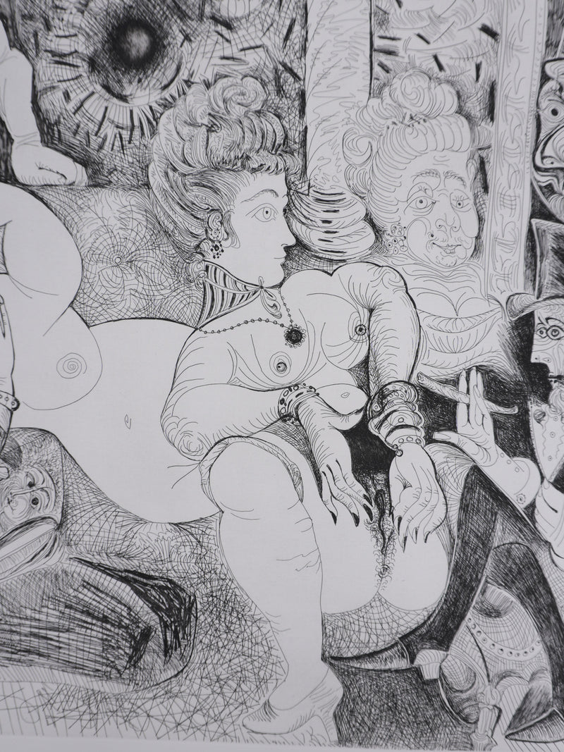 Pablo PICASSO : Les 156, Peintre à lavallière dessinant son modèle, Gravure originale signée