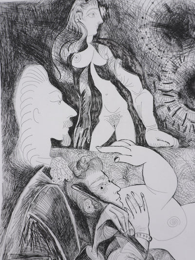 Pablo PICASSO : Les 156, Peintre à lavallière dessinant son modèle, Gravure originale signée
