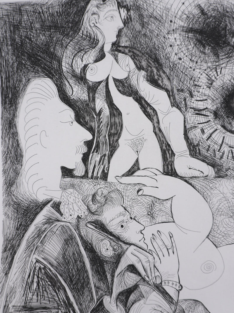 Pablo PICASSO : Les 156, Peintre à lavallière dessinant son modèle, Gravure originale signée