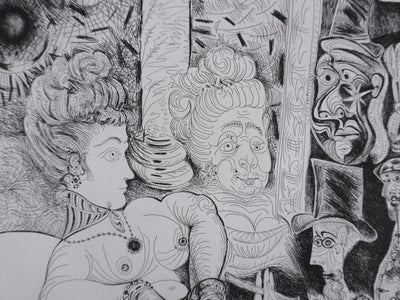 Pablo PICASSO : Les 156, Peintre à lavallière dessinant son modèle, Gravure originale signée