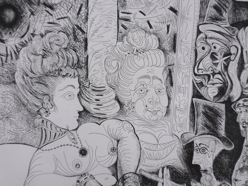Pablo PICASSO : Les 156, Peintre à lavallière dessinant son modèle, Gravure originale signée