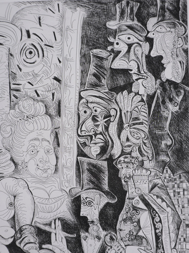Pablo PICASSO : Les 156, Peintre à lavallière dessinant son modèle, Gravure originale signée