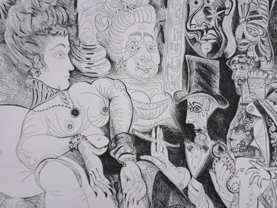 Pablo PICASSO : Les 156, Peintre à lavallière dessinant son modèle, Gravure originale signée