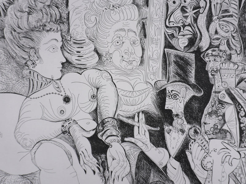 Pablo PICASSO : Les 156, Peintre à lavallière dessinant son modèle, Gravure originale signée