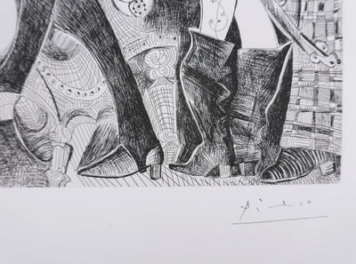 Pablo PICASSO : Les 156, Peintre à lavallière dessinant son modèle, Gravure originale signée