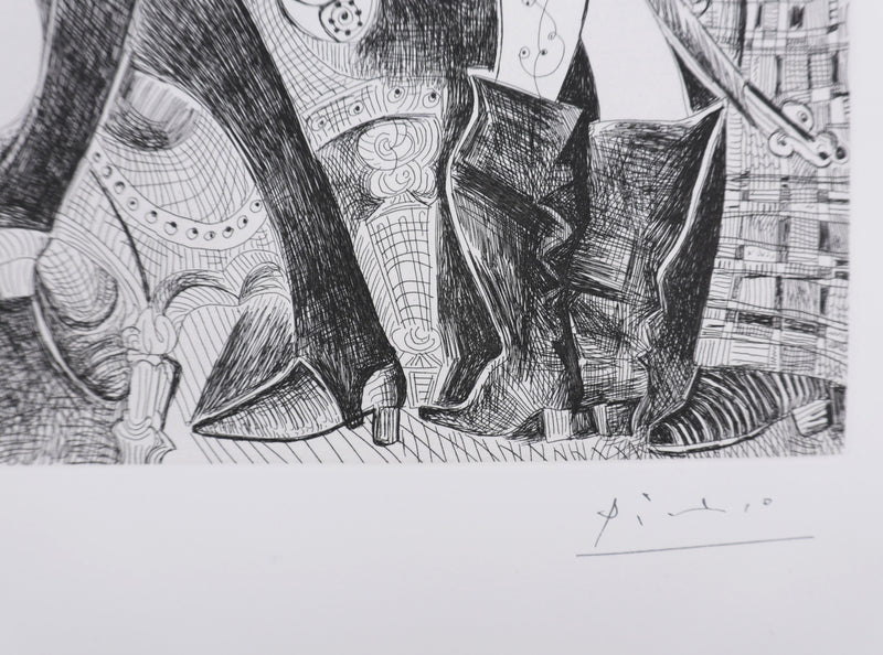 Pablo PICASSO : Les 156, Peintre à lavallière dessinant son modèle, Gravure originale signée