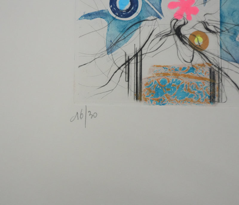 Jean-Baptiste VALADIE : Fleur d’Utopie sur fond gris, Gravure originale signée