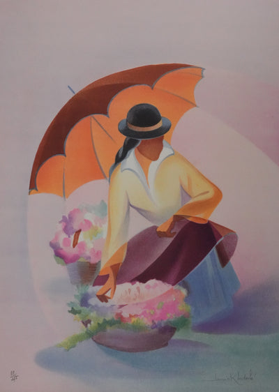 Janick LEDERLE : Femme au parapluie, Lithographie originale signée