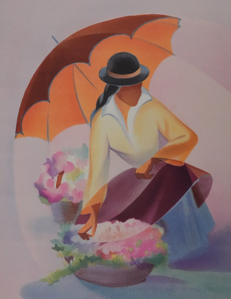 Janick LEDERLE : Femme au parapluie, Lithographie originale signée