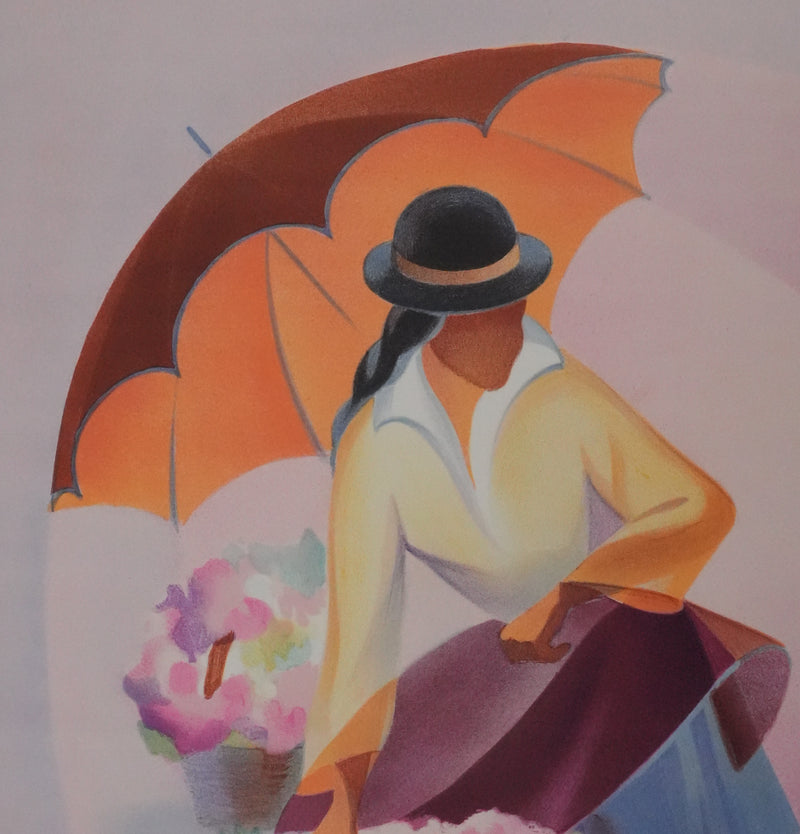Janick LEDERLE : Femme au parapluie, Lithographie originale signée