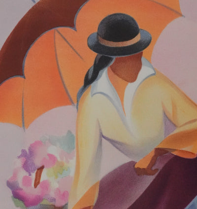 Janick LEDERLE : Femme au parapluie, Lithographie originale signée