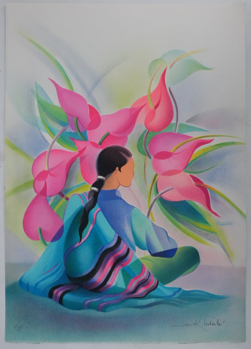 Janick LEDERLE : Femme aux fleurs roses, Lithographie originale signée