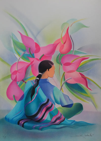 Janick LEDERLE : Femme aux fleurs roses, Lithographie originale signée