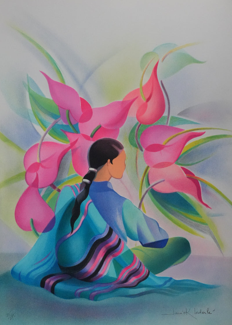 Janick LEDERLE : Femme aux fleurs roses, Lithographie originale signée