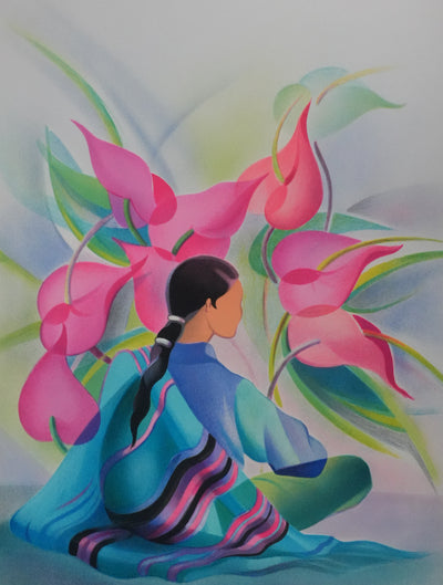 Janick LEDERLE : Femme aux fleurs roses, Lithographie originale signée