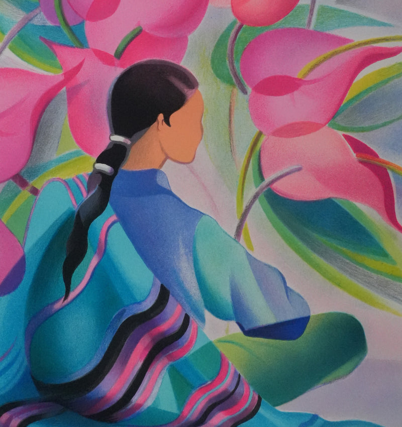 Janick LEDERLE : Femme aux fleurs roses, Lithographie originale signée