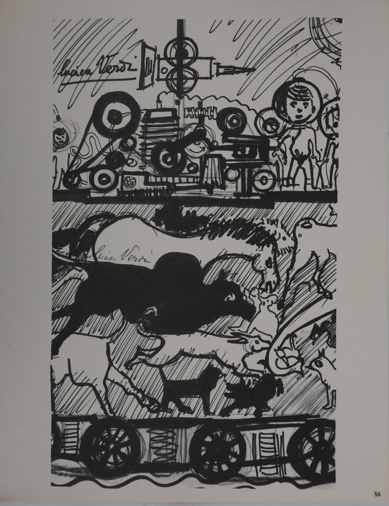 Lucien VERDI : Les animaux en course, Gravure signée
