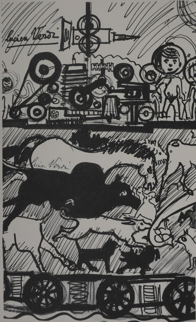 Lucien VERDI : Les animaux en course, Gravure signée