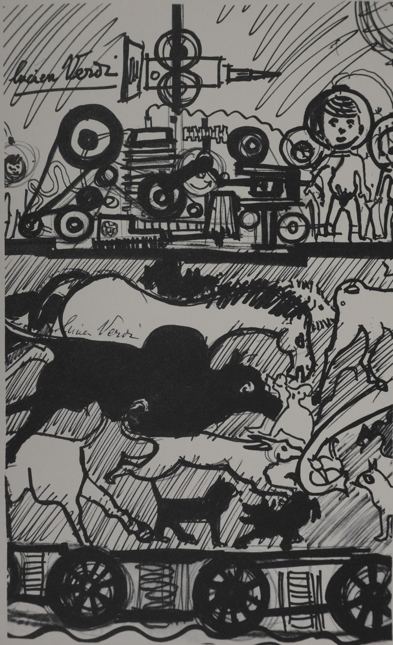 Lucien VERDI : Les animaux en course, Gravure signée
