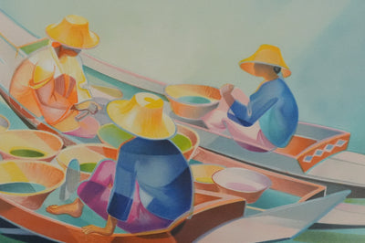 Janick LEDERLE : Marché flottant, Lithographie originale signée