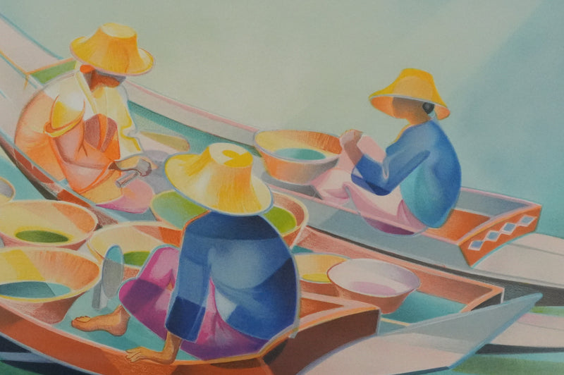 Janick LEDERLE : Marché flottant, Lithographie originale signée