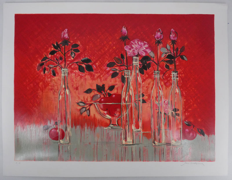 Michel HENRY : Nature morte au fond rouge, Sérigraphie originale signée