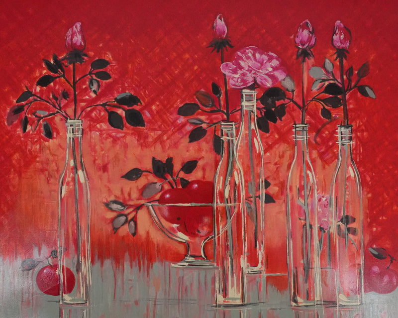 Michel HENRY : Nature morte au fond rouge, Sérigraphie originale signée