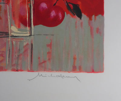 Michel HENRY : Nature morte au fond rouge, Sérigraphie originale signée