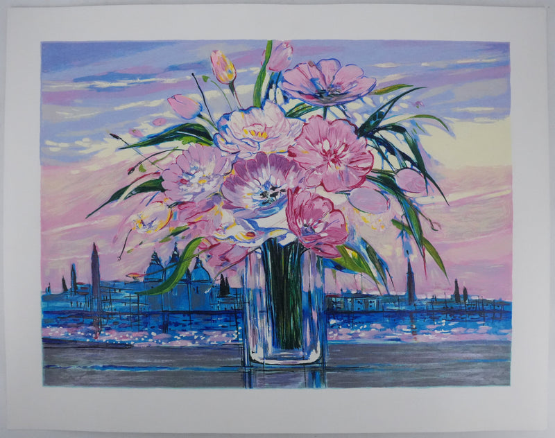 Michel HENRY : Bouquet de fleurs sous un ciel rose, Sérigraphie originale