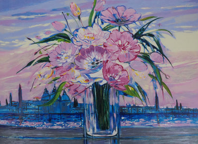 Michel HENRY : Bouquet de fleurs sous un ciel rose, Sérigraphie originale