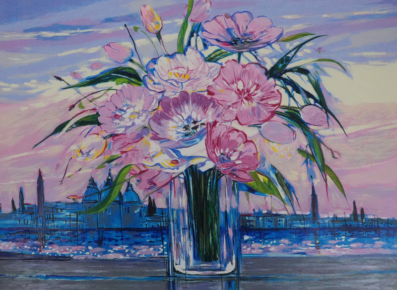 Michel HENRY : Bouquet de fleurs sous un ciel rose, Sérigraphie originale