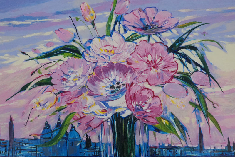 Michel HENRY : Bouquet de fleurs sous un ciel rose, Sérigraphie originale