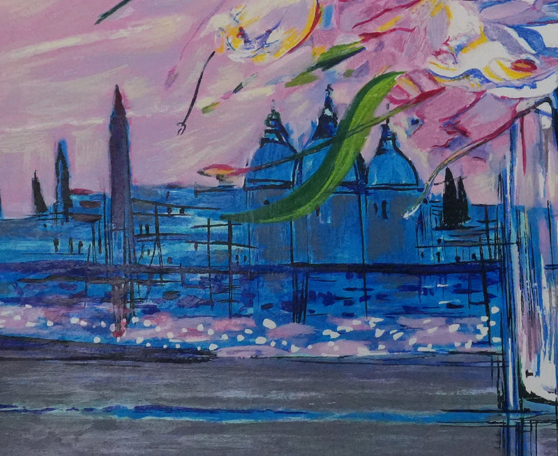 Michel HENRY : Bouquet de fleurs sous un ciel rose, Sérigraphie originale