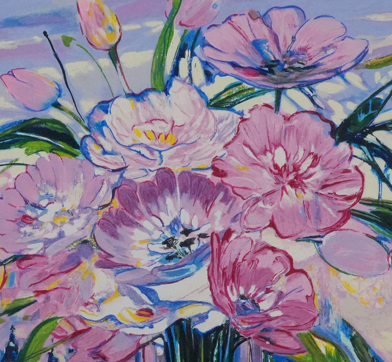 Michel HENRY : Bouquet de fleurs sous un ciel rose, Sérigraphie originale