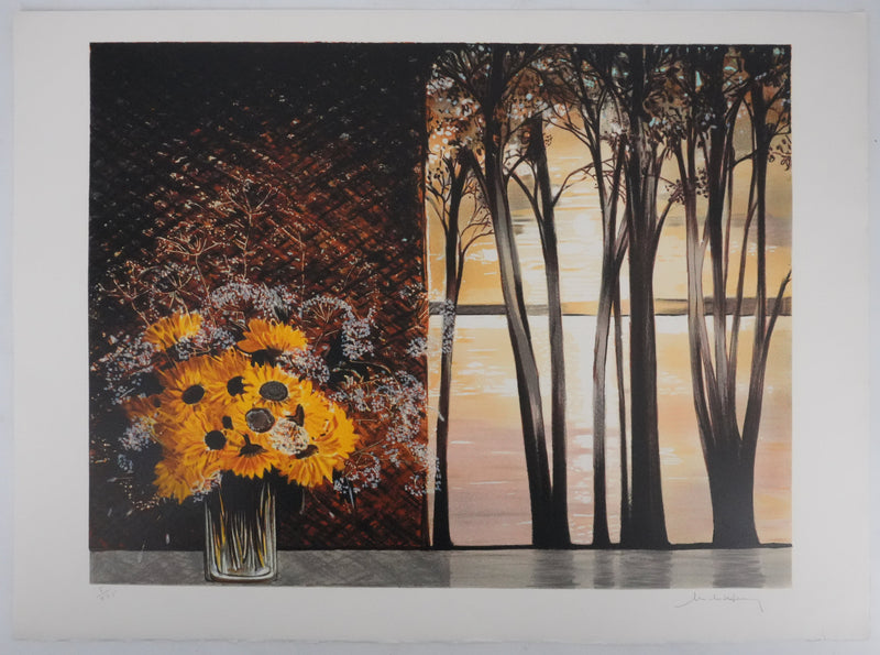 Michel HENRY : Bouquet de fleurs jaunes, Lithographie originale signée