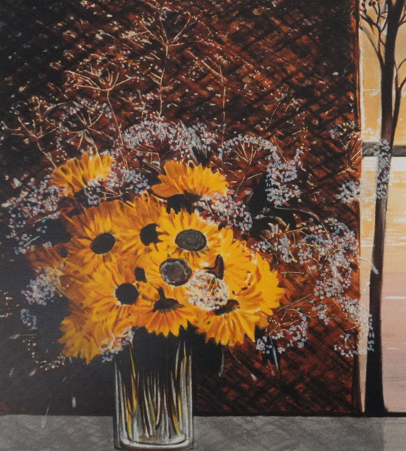 Michel HENRY : Bouquet de fleurs jaunes, Lithographie originale signée