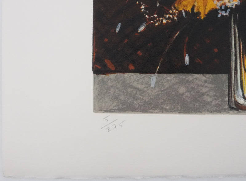 Michel HENRY : Bouquet de fleurs jaunes, Lithographie originale signée