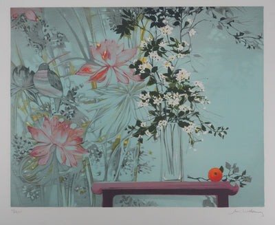 Michel HENRY : Les fleurs dans le vent,  Lithographie originale signée