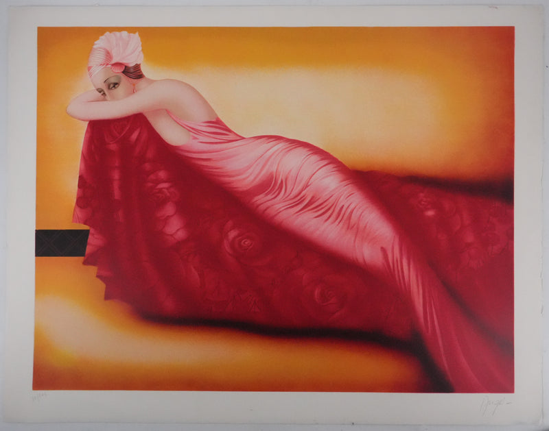 Philippe AUGE : Femme en robe rose, Lithographie originale signée
