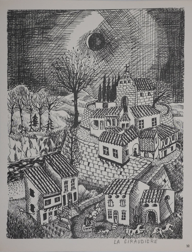 Mady LA GIRAUDIERE : Vie nocturne au village, Héliogravure signée