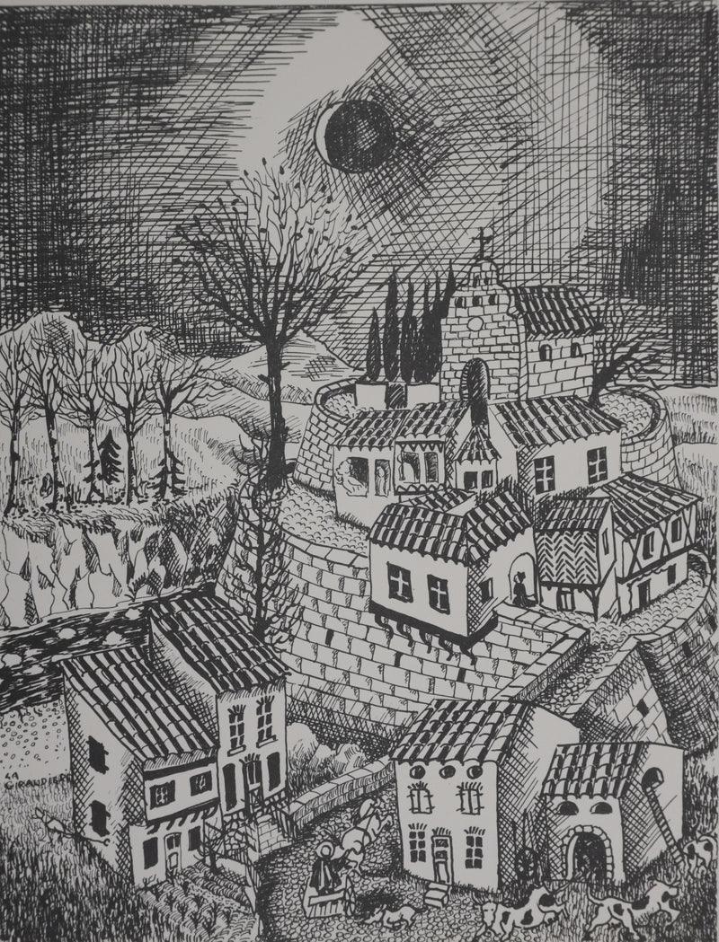 Mady LA GIRAUDIERE : Vie nocturne au village, Héliogravure signée