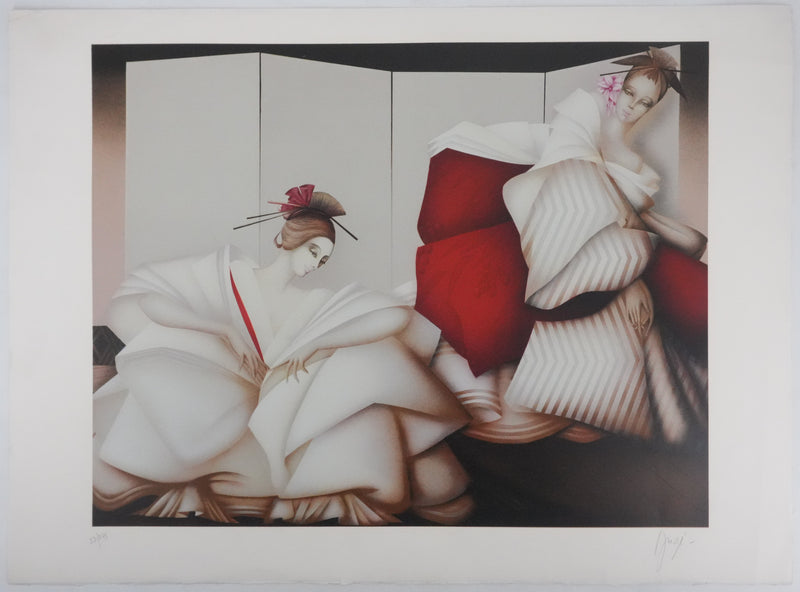 Philippe AUGE : Les femmes en robe blanche, Lithographie originale signée