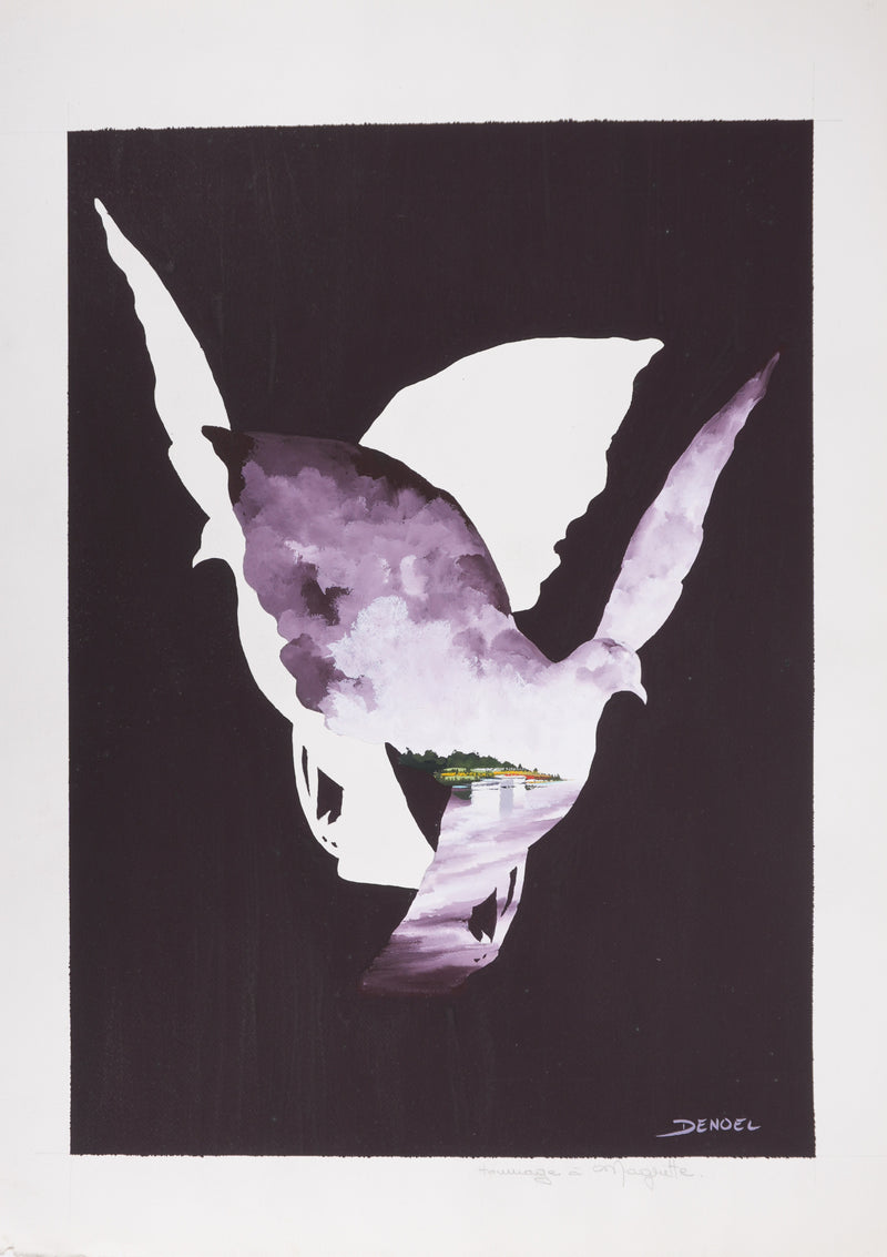 Leon DENOEL : Colombes surréalistes, Hommage à Magritte, Gouache originale signée